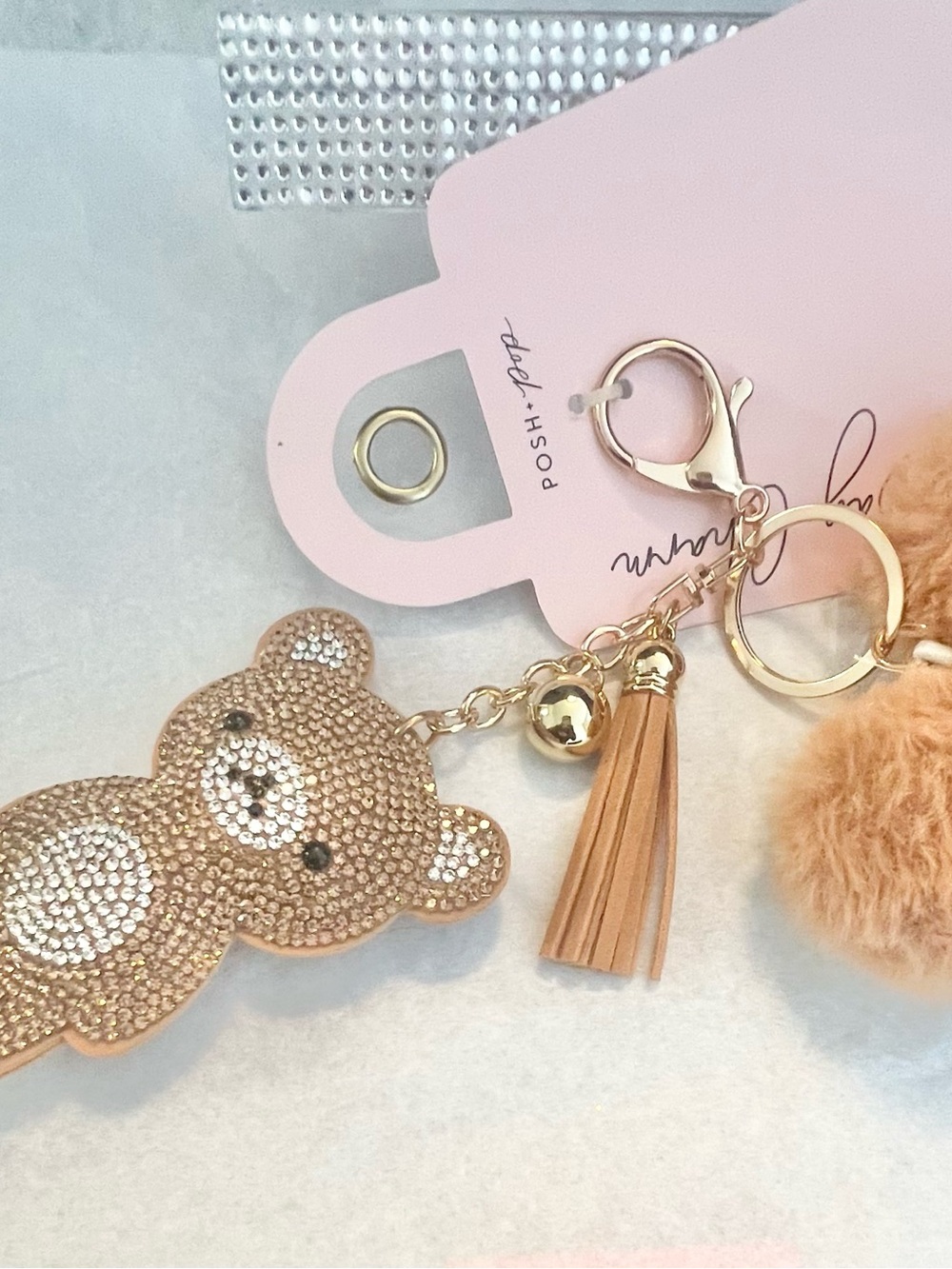 Posh Gold Crystal Teddy & Beige Pom Bag Charm NWT - Picture 5 of 6